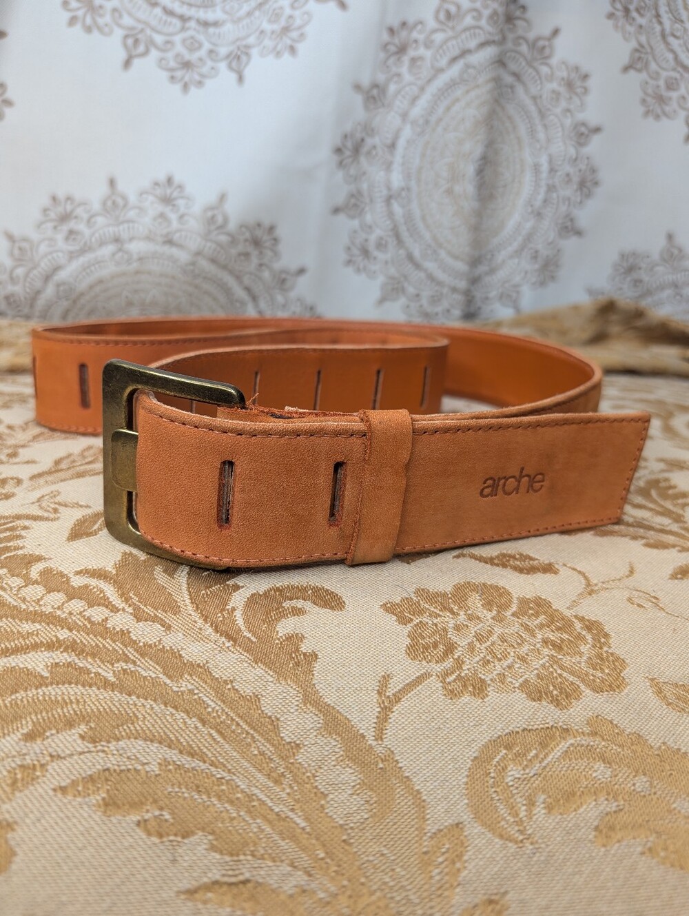 Arche French Luxury Suede Orange Leather Slit Hole Brass Buckle Belt 40" Long